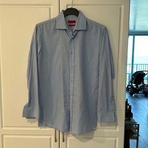 Men’s blue and white dress shirt by Hugo